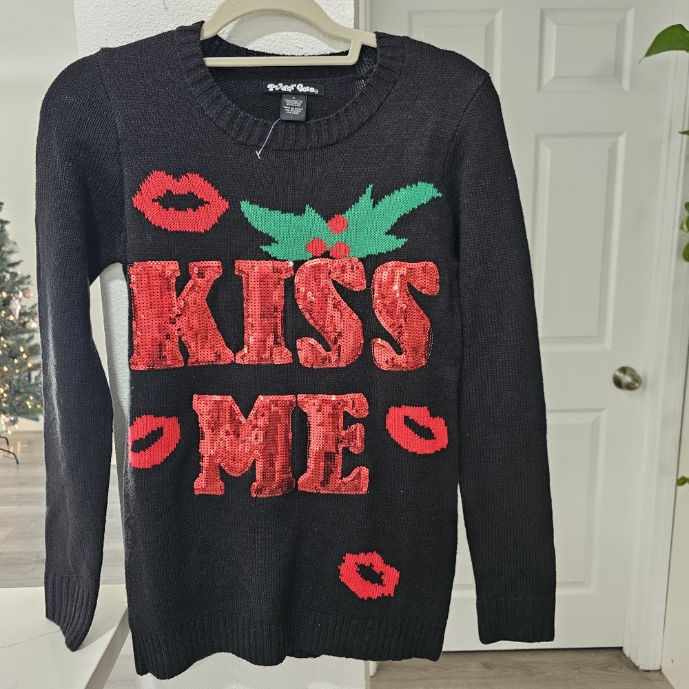 Ugly Christmas Sweater Kiss Me Under Misletoe Black with Red Sequins Small